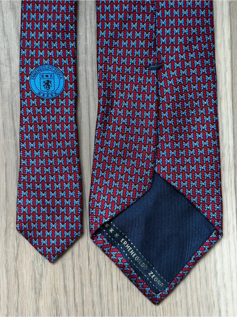 Ermenegildo Zegna Red and Blue Geometric Butterfly Silk Tie Made in Italy